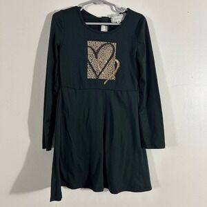 Btween Heart Graphic Dress Kids Size 6 Black Sequin Cheetah Print Long